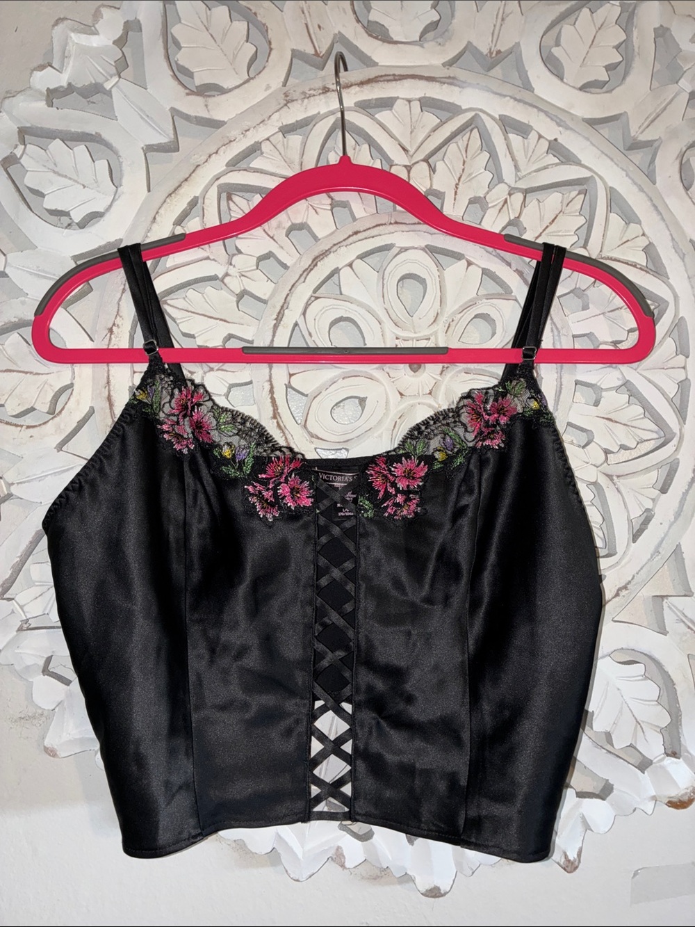 Victoria's Secret Black Satin Lace-Up Cami with Pink Floral Embroidery